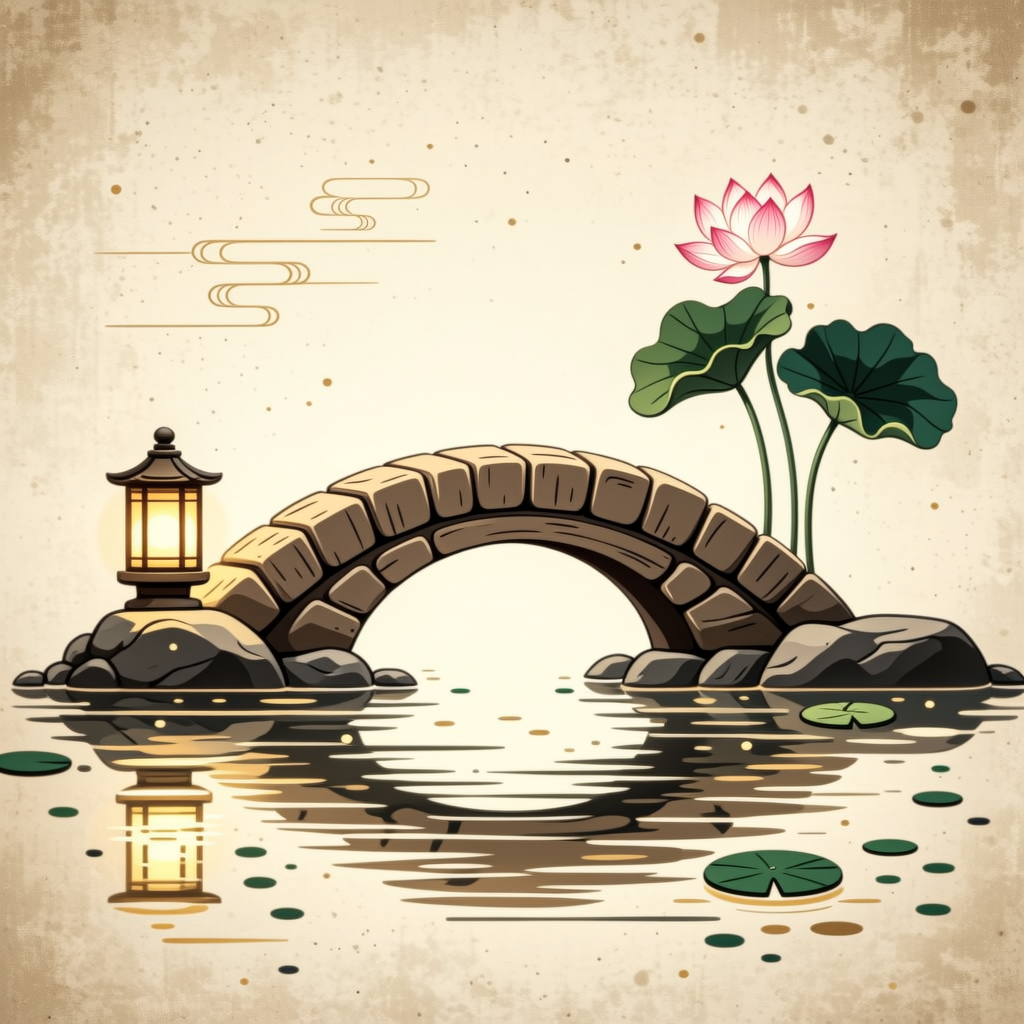 A bridge of plain wooden blocks spanning two shores: a lantern on one, a lotus on the other