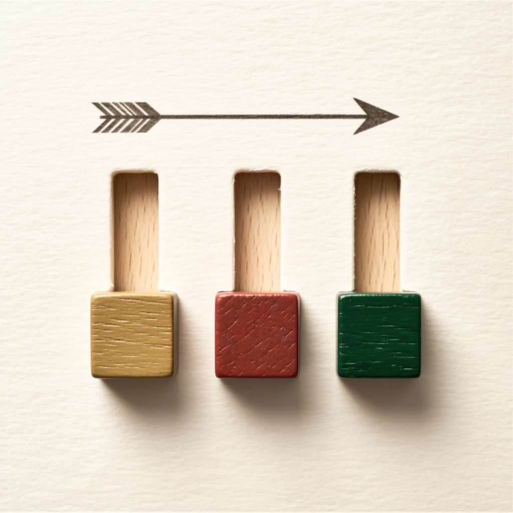 Three wooden slots in a row holding colored blocks in a fixed order, an arrow showing the order
