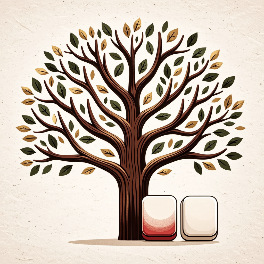 A tree whose branches end in blank rounded tiles; two tiles joining into one larger tile