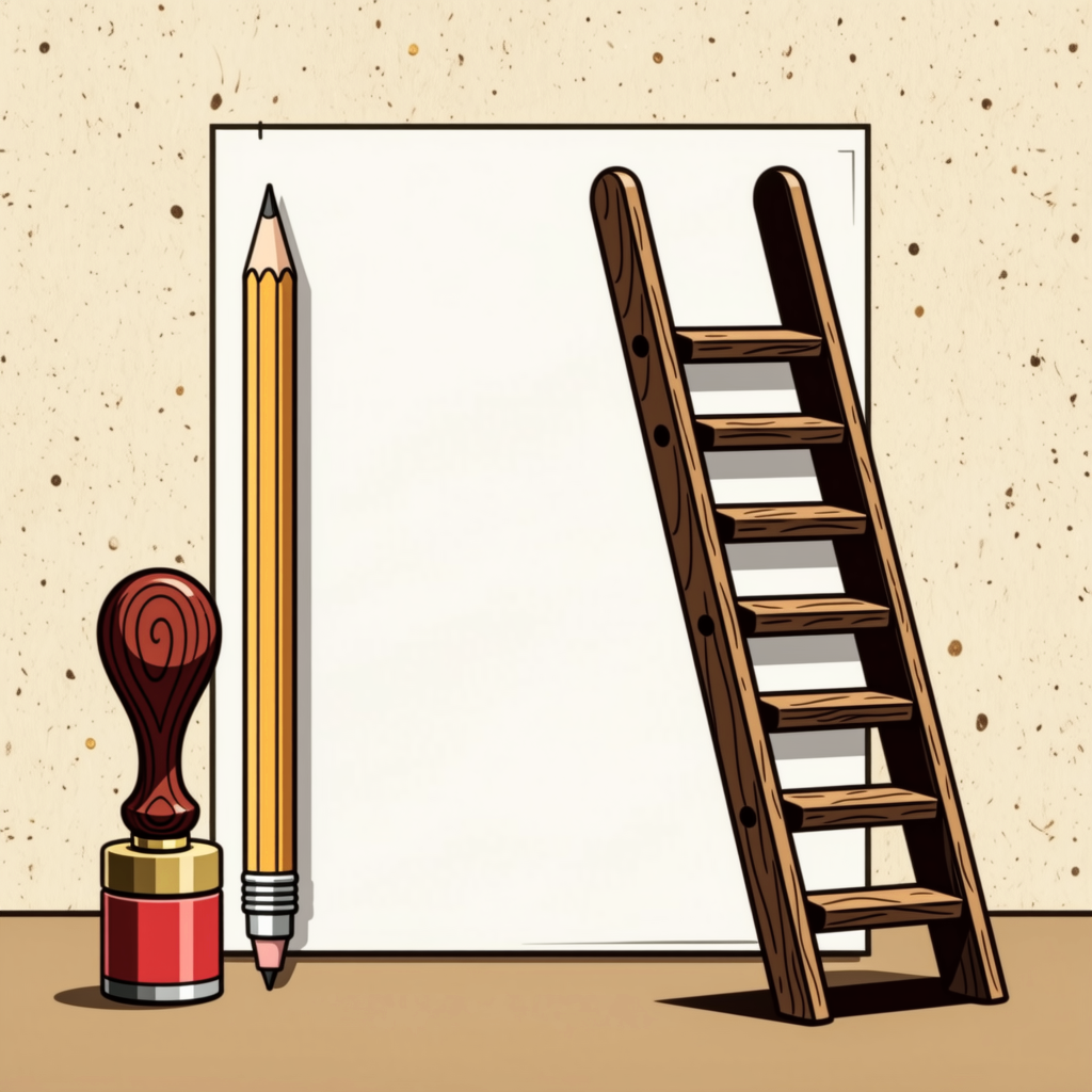A calm desk with a blank exam paper, pencil, paper stamp seal and a small six-step ladder