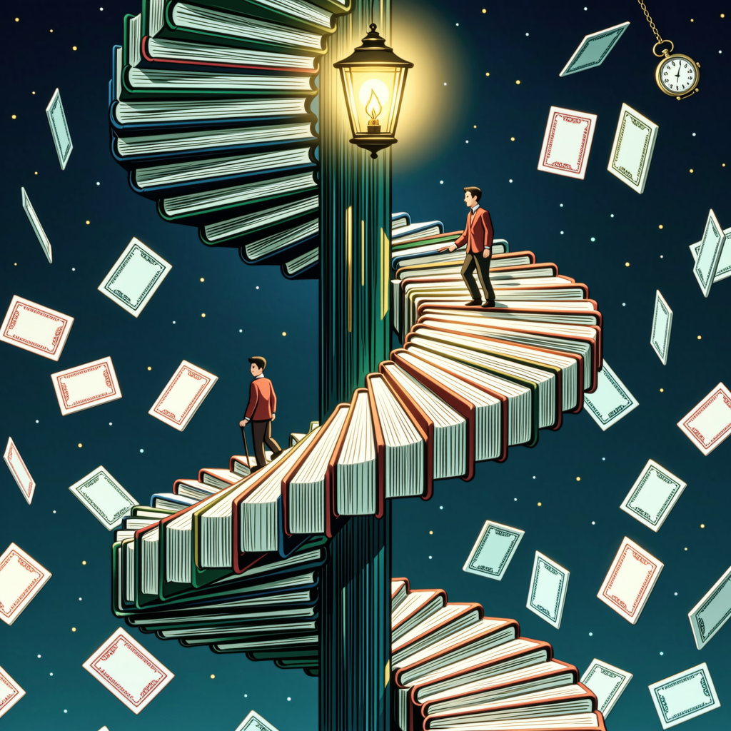 A small figure climbing a gentle staircase of books toward a lantern; floating recall cards