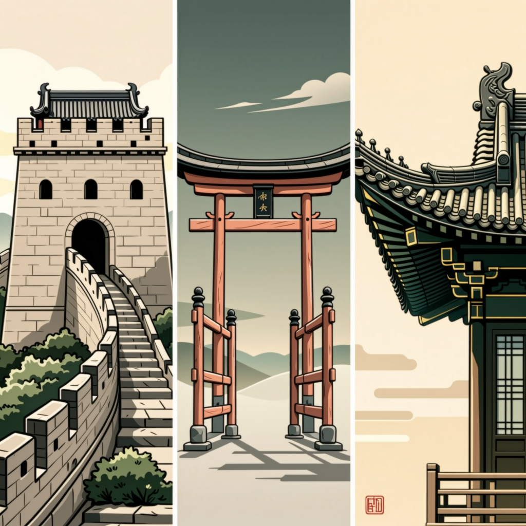 Three stylized vignettes side by side: a watchtower, a torii-like gate, a hanok-like roof